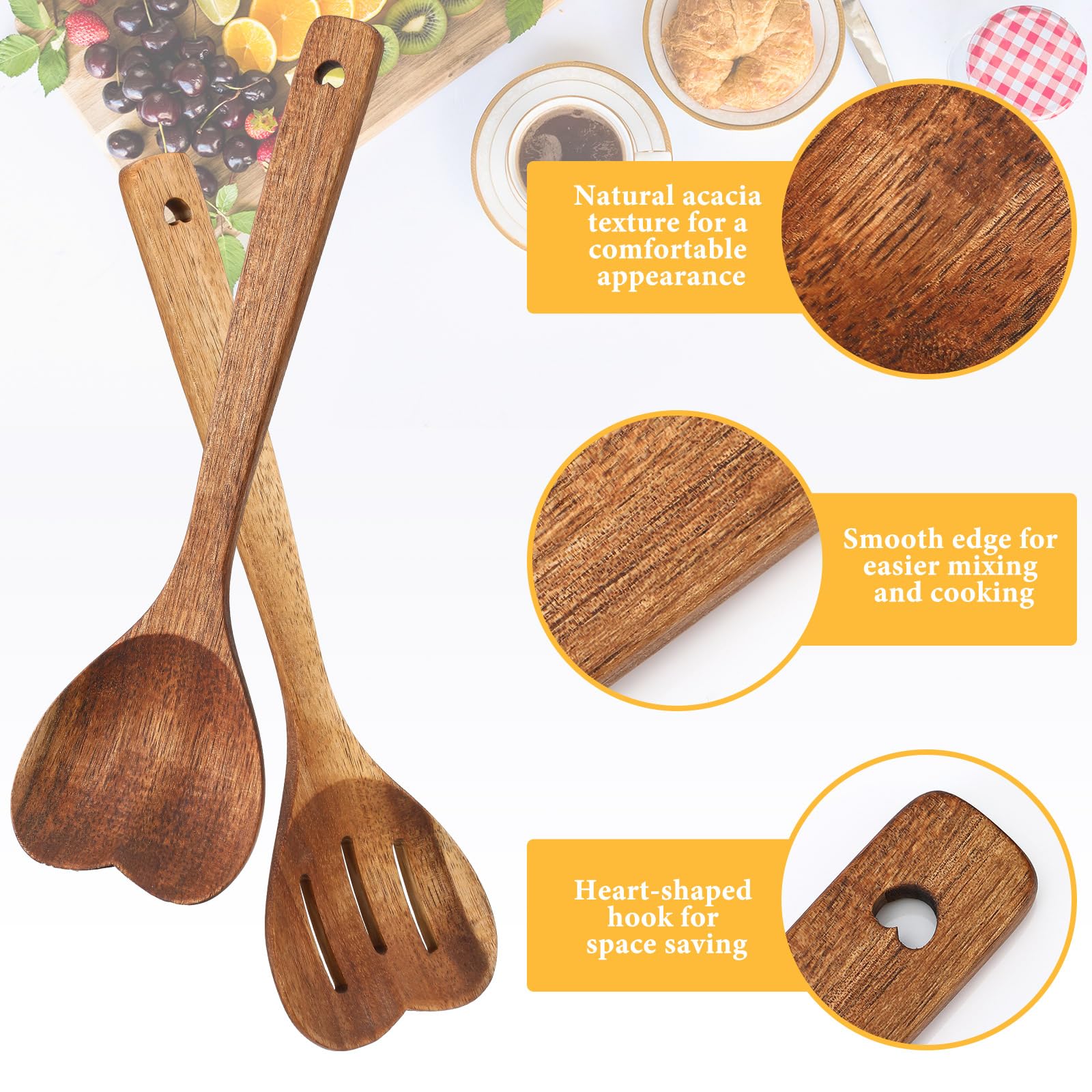 Patelai 2 Pcs Wooden Heart Spoon Set for Cooking Acacia Heart Shaped Wooden Spoonlong Handle Christmas Kitchen Utensils Gifts for Wife Grandma Moms Hostesses Cooks Housewarming Wedding Decoration