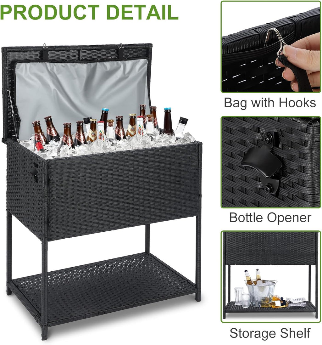 Skiennix 80 Quart Ice Chest Cooler Cart - Outdoor Beverage Stand with Bottle Opener for Parties & Patios