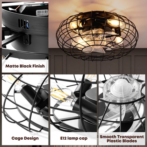 NookNova Ceiling Fan with Lights, 16 Inch Caged Ceiling Fan Lights Remote Control Small Industrial Ceiling Fan Light Fixture Flush Mount Farmhouse Light 8 Speeds Bladeless Lights for Bedroom Kitchen
