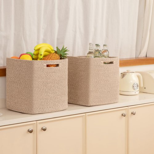 OIAHOMY Storage Cubes, 13 Inch Cube Storage Organizer, Collapsible Storage Bins, Baskets for Organizing, Storage Bins for Shelves-Brown, 3-PACK