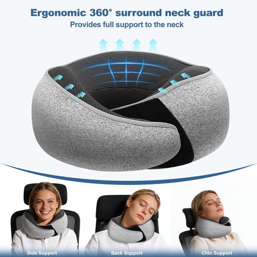 Kenbiref Memory Foam Travel Neck Pillow – Ergonomic Airplane Pillow with 360° Head Support | Includes Eye Mask & Ear Plugs | Ultra Portable Neck Pillow Airplane for Flights & Cars(Gray)
