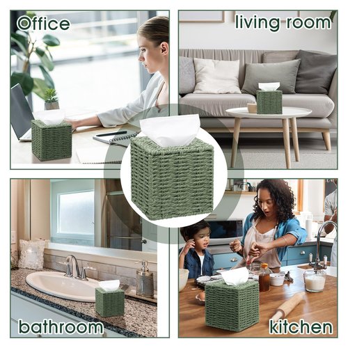 Acellegic Sage Green Tissue Box Cover Square Natural Paper Rope Hand Woven Tissue Box Holder for Bathroom Living Room Bedroom Kitchen Table Desk Office Boho Home Decor