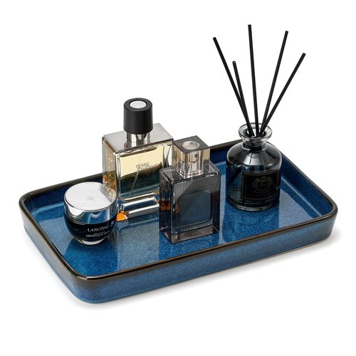 10"×6"×1" Bathroom Vanity Tray for Countertop- Ceramic Decorative Organizer Tray for Dresser Tops, Toilet, Perfume, Sponge Holder Soap Dish Dispenser for Kitchen Counter- Kiln-Transformed Blue