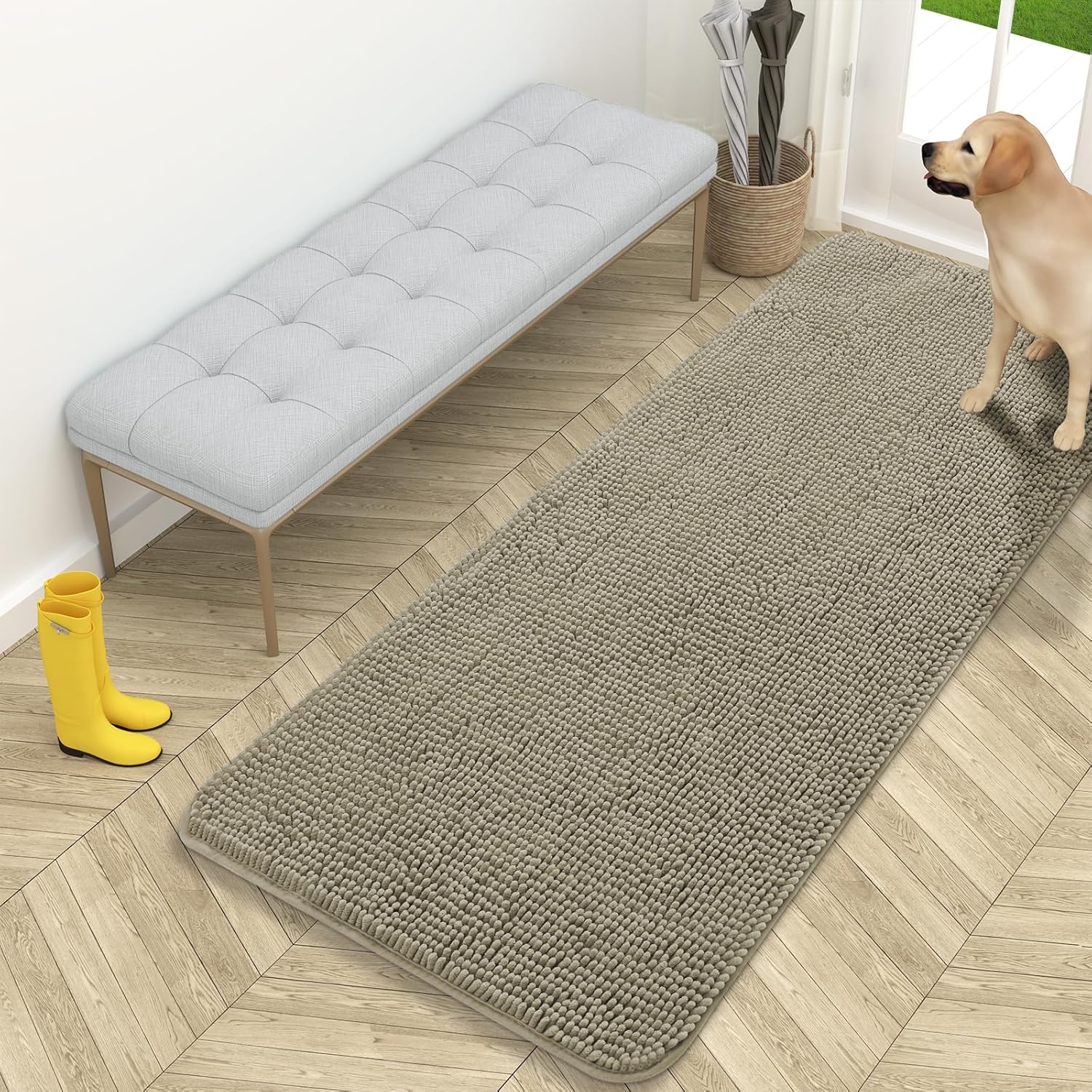 OLANLY Dog Door Mat - Absorbent Non-Slip Washable Doormat for Muddy Paws | 59x24 Warm Taupe