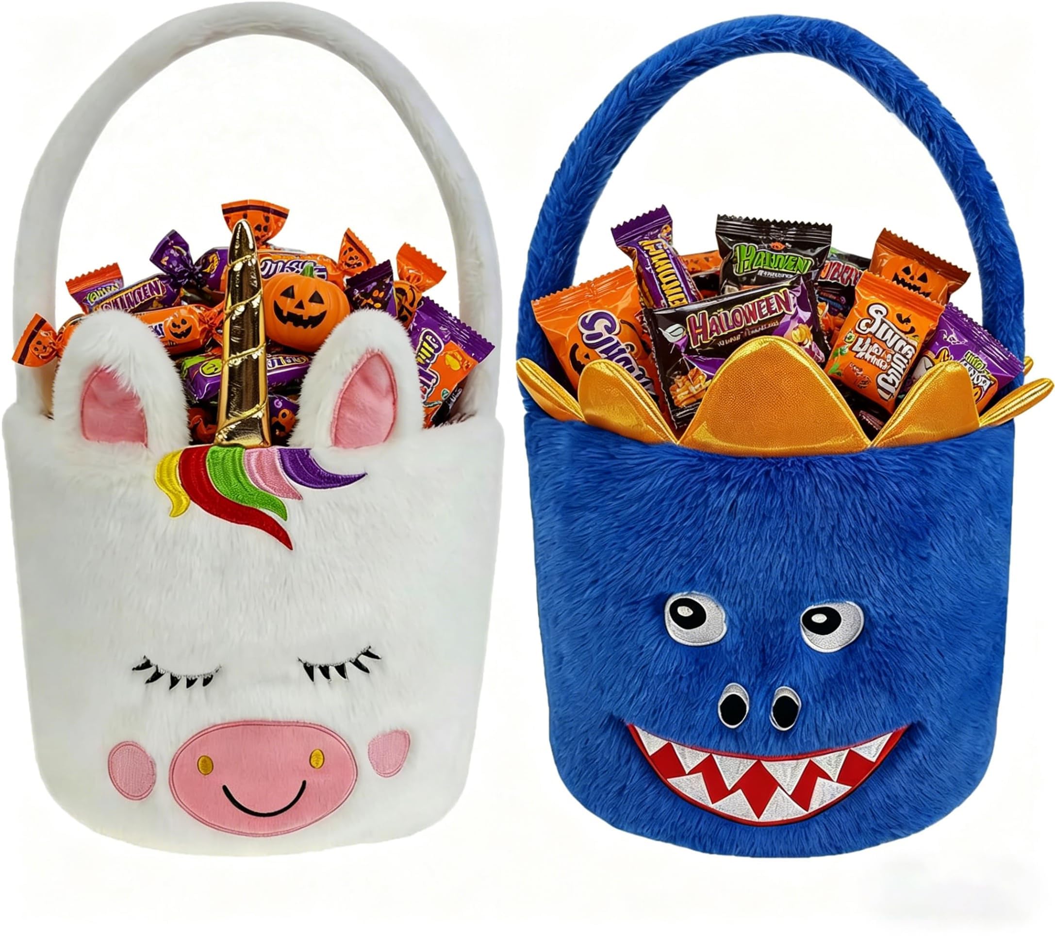 DearSun 2 Pcs Halloween Basket Plush Trick or Treat Bag, Halloween Candy Bucket for Kids Gifts Party Decoration Supplies, Dia 8" * H 15.7" (Unicorn&Dinosaur)