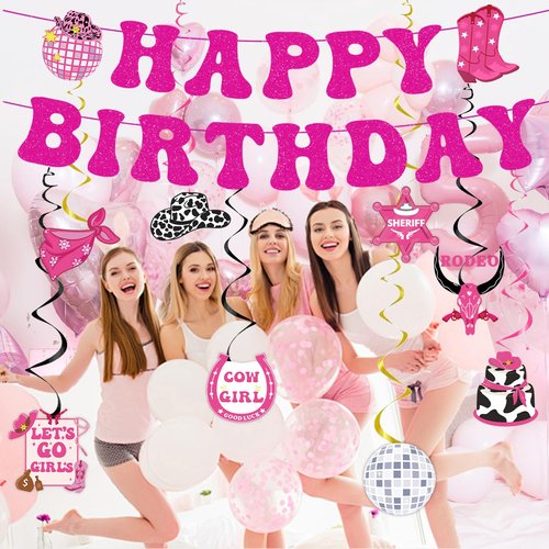 34pcs Disco Cowgirl Birthday Party Decorations, Western Cowgirl Party Decorations Hot Pink Happy Birthday Banner Disco Cowgirl Balloon Last Rodeo Bachelorette Party Decor Supplies for Women Girls