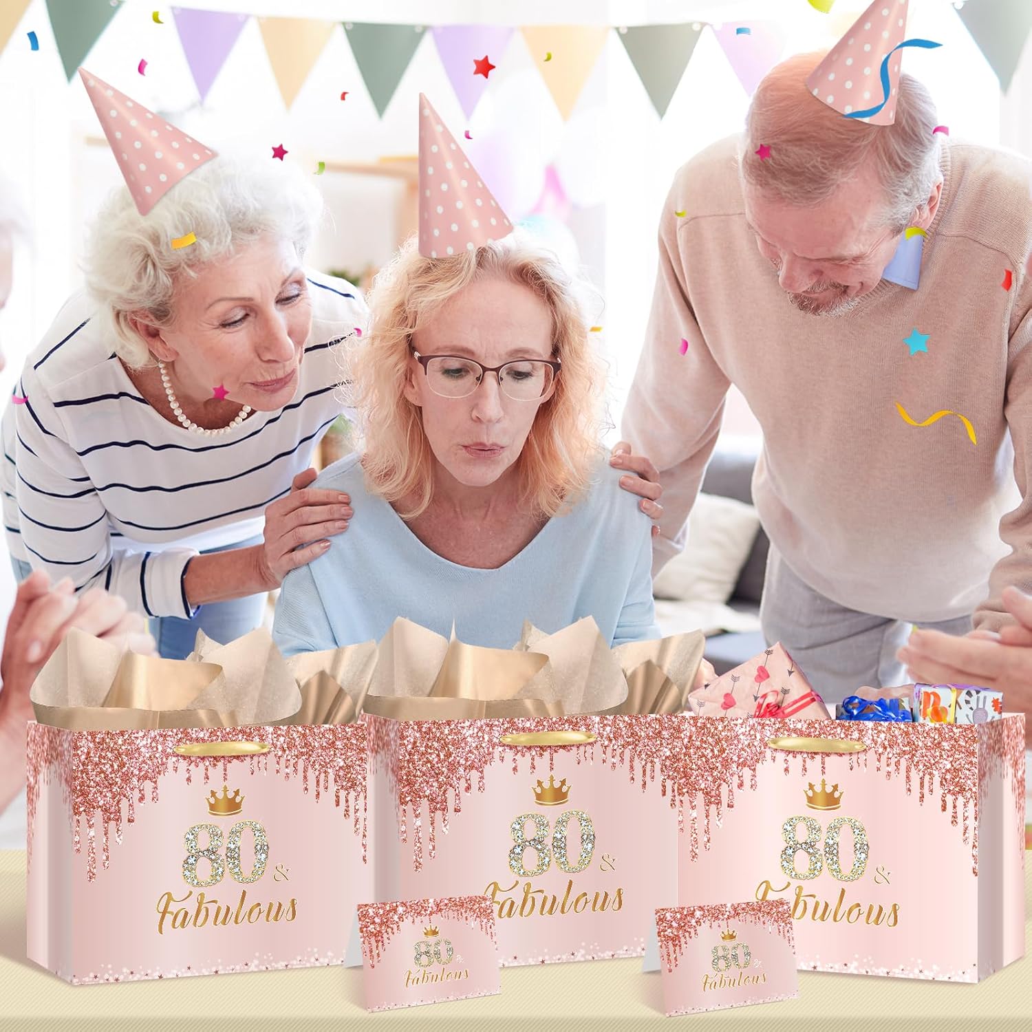 Yoirrat Rose Gold 80th Birthday Gift Bag - Large Pink Design with Wrapping Paper & Card for Celebrations
