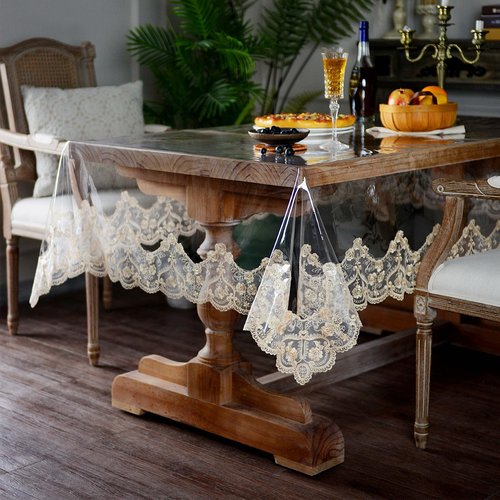 ARTABLE Vinyl PVC Rectangle Tablecloth Waterproof Clear Table Cover with Champagne Lace Macrame Border for Wedding Kitchen Home Outdoor Indoor Holidays Party Decor (Gold, 60 x 120 Inch)