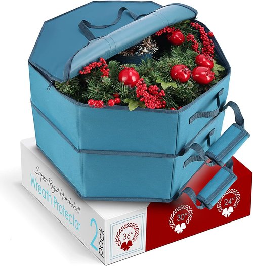 Hearth & Harbor Christmas Bag - Premium Hard Shell Wreath Storage Organizer with Dual Zipper & Pockets - 36" Blue