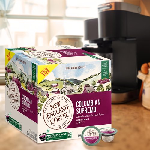 New England Coffee Colombian Supremo Medium Roast Single Serve Pods, 32ct Box (Pack of 4)