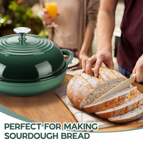 E-far Dutch Oven for Sourdough Bread Baking, 6 Qt Round Enameled Cast Iron Dutch Oven for Homemade Artisan Bread, Dome Lid & Shallow Base, Matte Black Interior & Durable, Oven-Safe to 500℉, Dark Green
