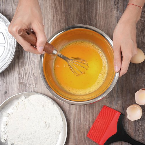 Stainless Steel Wire Whisk, Wooden Handle Kitchen Multi Function Non Stick Balloon Whisk Egg Beater for Blending Whisking, Beating, Frothing & Stirring Batters (10"L x 1.8"W)