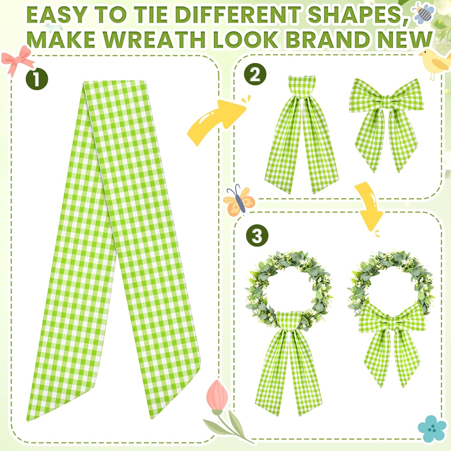 Regine Switzerland Spring Wreath Sash - 56 Inch Green & White Plaid for Holiday Decor | Indoor & Outdoor Use