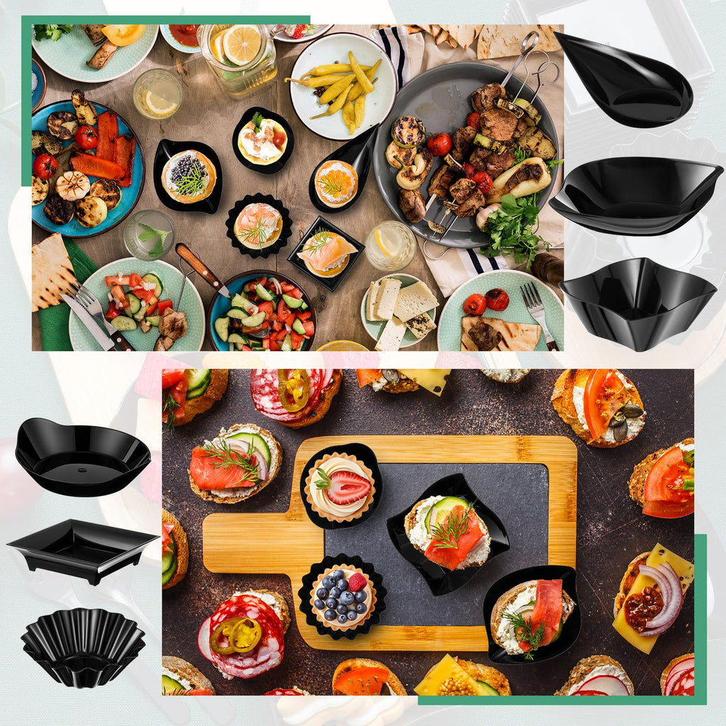 Tessco for you 1200 Pcs Mini Appetizer Plates Set Including 6 Shapes Disposable Mini Dessert Cups, Spoons and Forks for Party Wedding Pudding Ice Cream (Black)