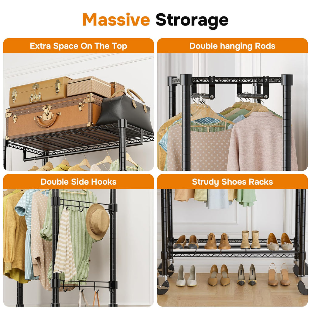 Simple Deluxe Rolling Clothes Rack, Heavy Duty Clothing Rack, 3-Shelf Portable Adjustable Wardrobe Closet with Wheels, Hanging Rods & Side Hooks, 29.5" W x 15.7" D x 75.6" H, Black