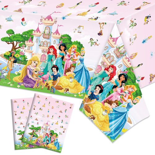 SNABETNA Princess Birthday Party Decorations Tablecloth,2pcs 108x54inch Large Pink Princess Table Cloth, Disposable Rectangular Plastic Waterproof Table Cover for Birthday Party
