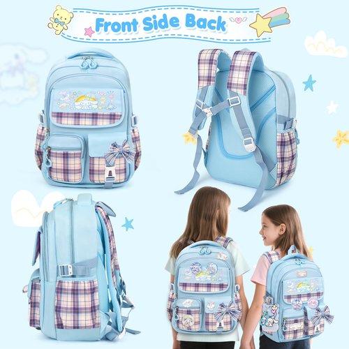 KIEAL 16.5/19IN School Backpack for Girls with 24Pcs Accessories, Anti-Theft Kids Backpack for Students, New Semester Presents with Pins and Card Holder