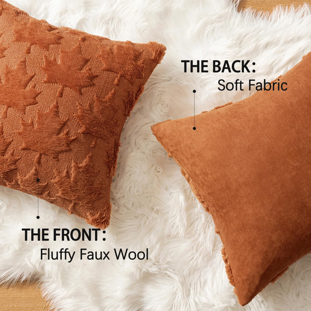 MIULEE Fall Autumn Throw Pillow Covers 18x18 Burnt Orange Set of 2 Thanksgiving Decorative Solid Maple Leaf Accent Pillow Cases Soft Plush Faux Wool for Home Decor Holiday Outdoor Porch Bedroom