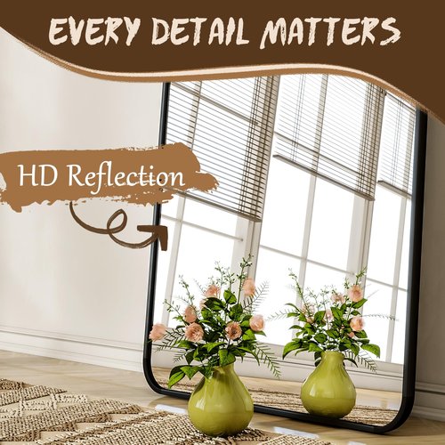 XRAMFY 56"x21" Floor Full Length Mirror Standing Full Body Rounded Corner Rectangle Mirrors with Stand Hanging Wall Mounted Leaning Bedroom Living Room Bedroom Cloakroom,Black