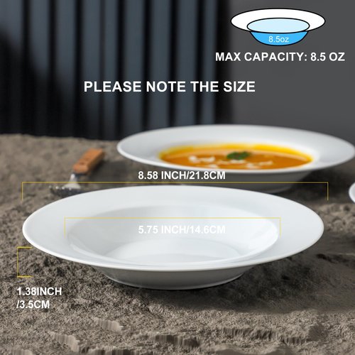 Ceramic Soup Bowls Shallow Plates, Valentine 4 Pack White Dinner Bowls Plates, Porcelain Wide Rim, 8.5 Inch (8.5 oz) Shallow Bowls Ideal for Soup Dessert Salad and Pasta, Microwave and Dishwasher Safe
