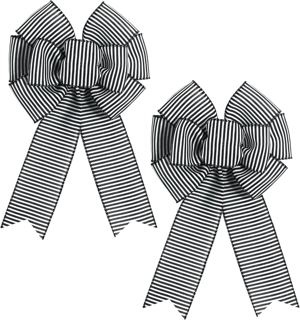 Skiennix 2-Piece Black & White Stripe Wreath Bows - Rustic Burlap Decorative Bows for Indoor/Outdoor Events