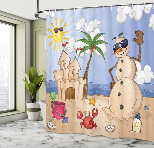 Ambesonne Cartoon Shower Curtain, Sand Snowman Castle Crab Seashell on Tropical Beach Enjoying Sun Cartoon Print, Cloth Fabric Bathroom Decor Set with Hooks, 69" W x 75" L, Sand Green