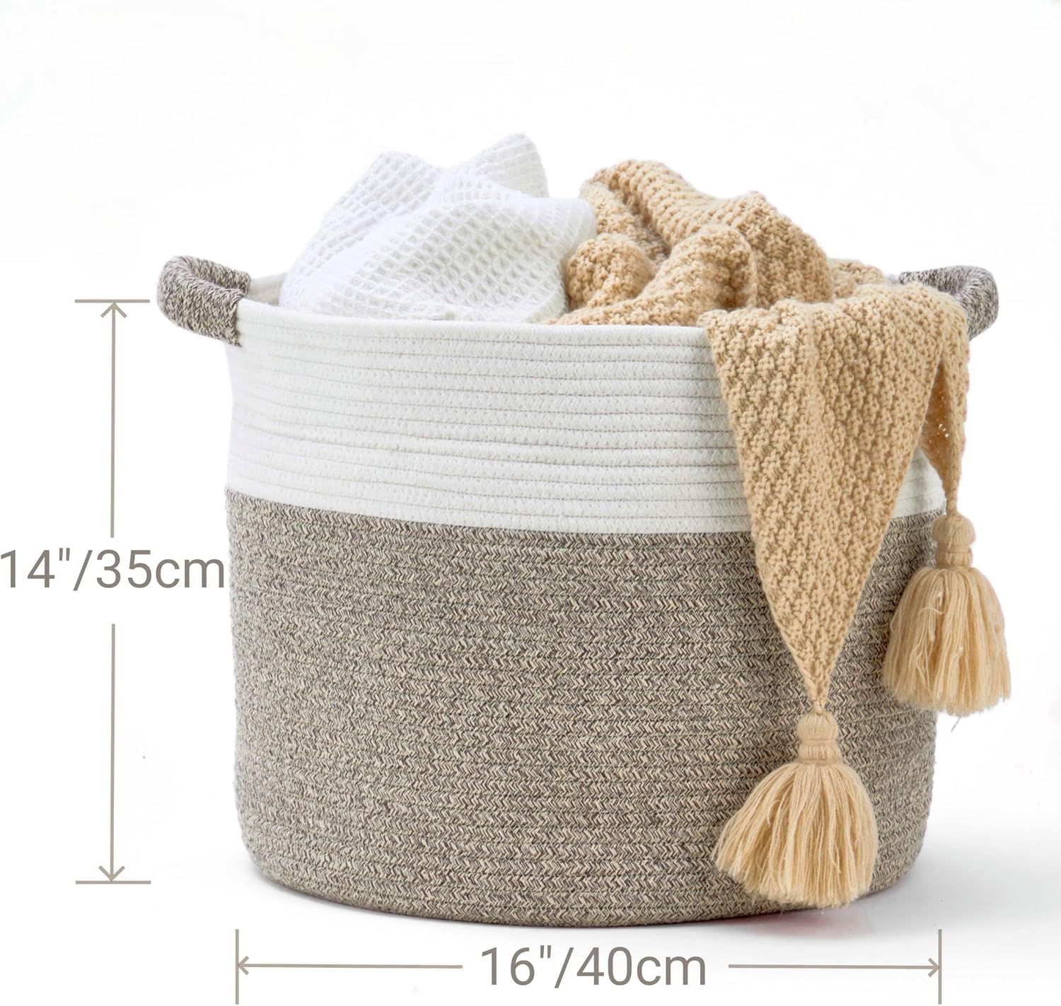 Skiennix Woven Round Rope Storage Basket - Stylish Blanket & Toy Organizer (16"Wx14"H) - White & Brown