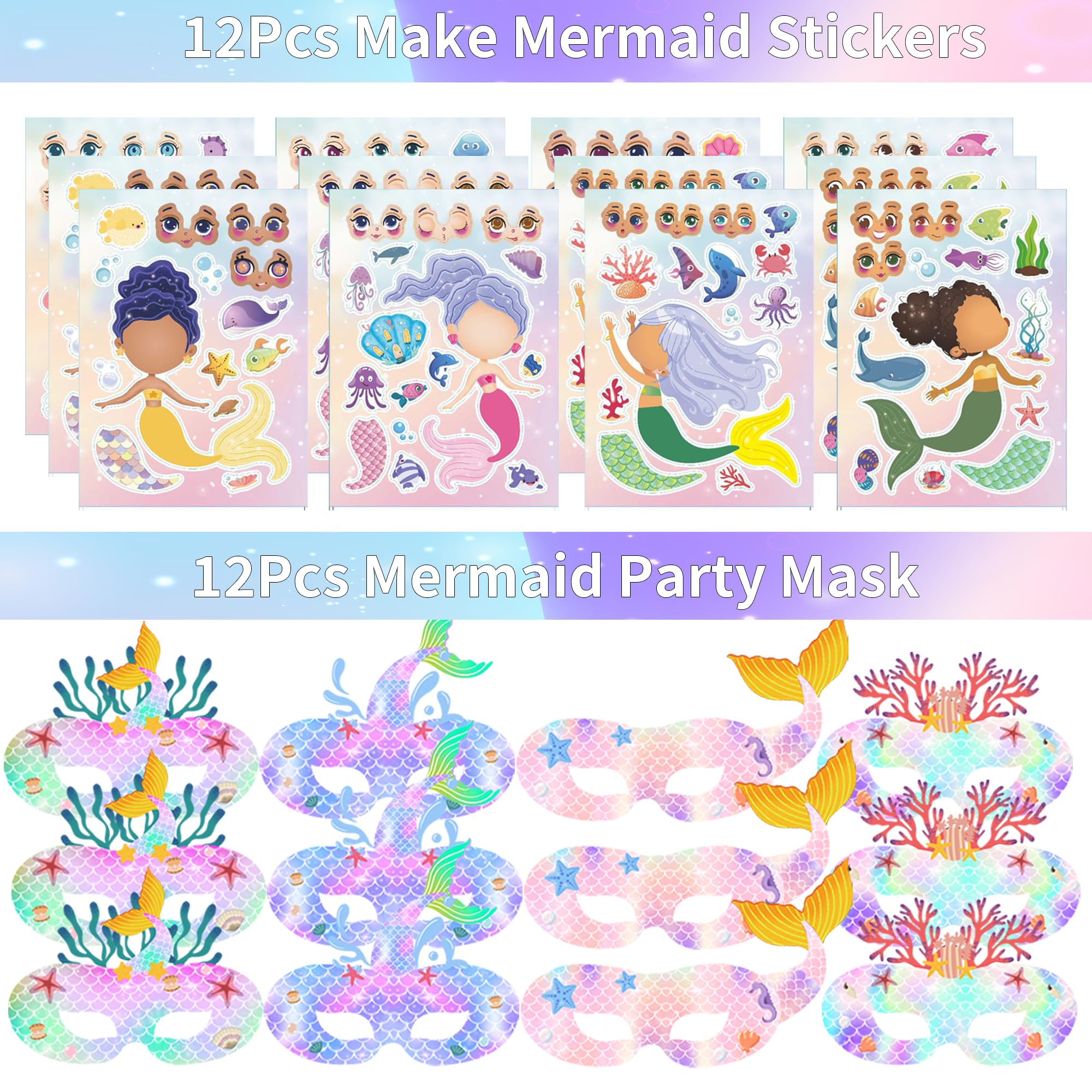 Rinfoeti 320PCS Mermaid Party Favors Birthday Decorations Supplies Kit with Goodie Bags, Bubble Wands, Straws, Masks, Stickers & More for 12 Guests