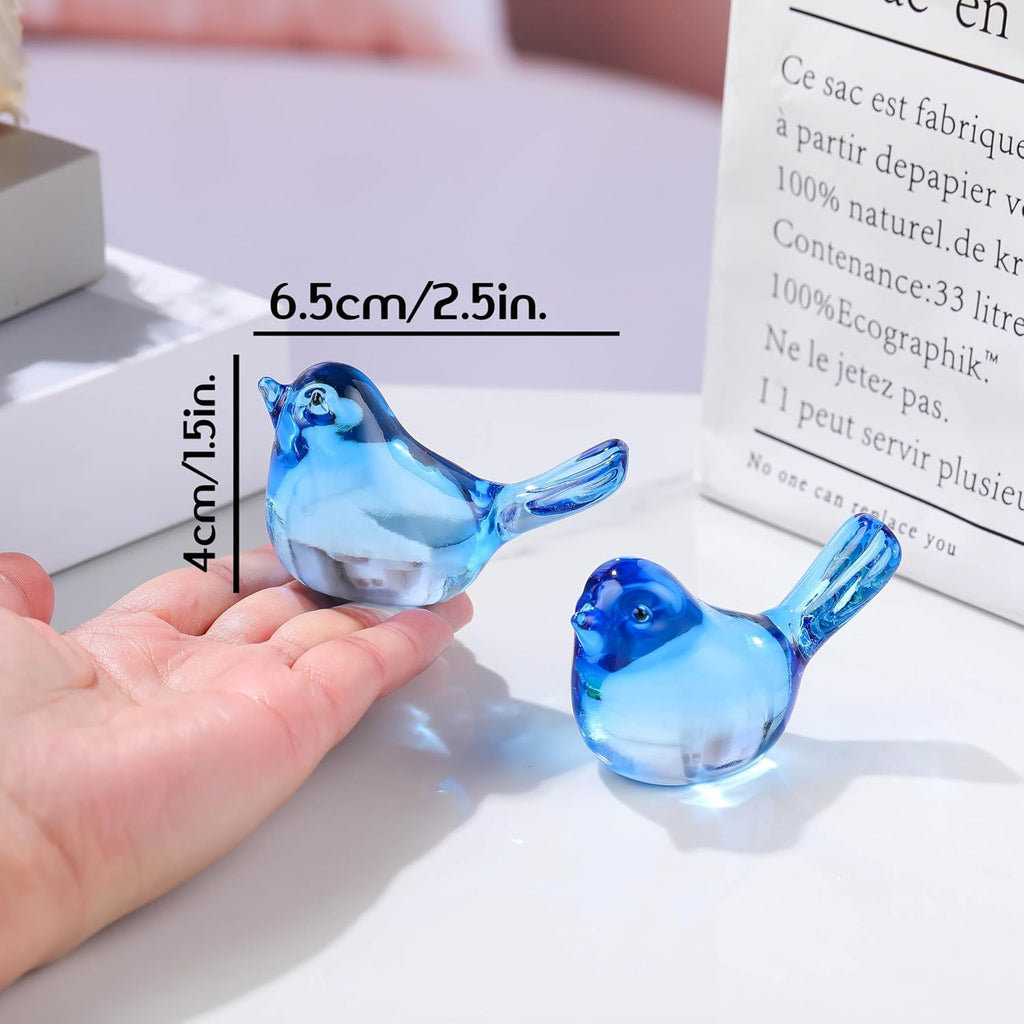 Qianwei Crystal Bird Figurine Set - Handmade Blown Glass Birds for Office Desk Decor | 2pcs Sky Blue