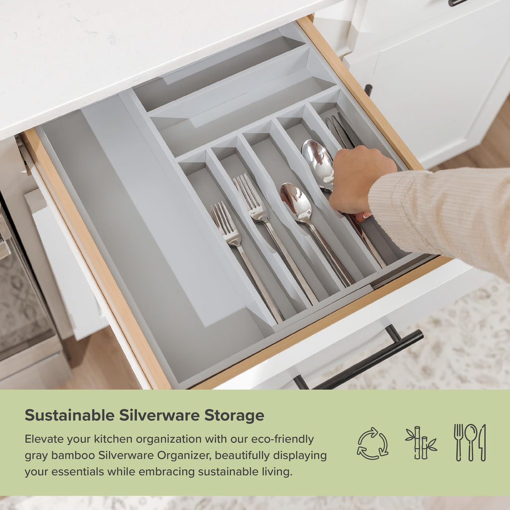 KitchenEdge Premium Silverware, Flatware and Utensil Organizer for Kitchen Drawers, Food-Safe Contract Grade, Expandable from 10.5 to 19 In, Gray Bamboo