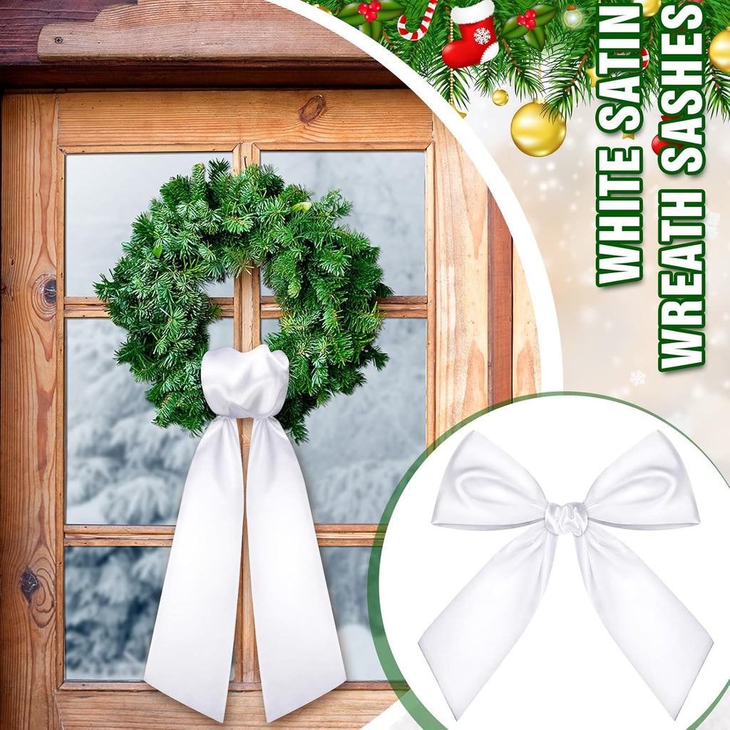 Skiennix 4 PCS White Satin Wreath Sashes - Blank Embroidery Accessories for Weddings & Holidays