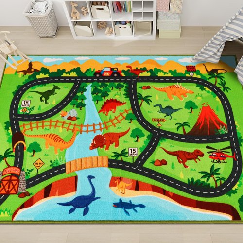 Kids Carpet Playmat Rug,59"X39.4" Dinosaur Car Rugs for Kids Toy Cars,Non Slip Dino Safari Road Map Kid Rug for Playroom Bedroom Boys,Kid Play Mat Road Carpet,Track Rug Car Play Carpet for Kids