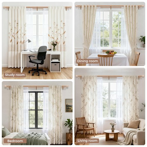 Wood Double Curtain Rod, Boho Decorative Long Dual Curtain Rods for Windows 84 to 120 Inch, 1" Adjustable Heavy Duty Double Rod, Unique Handmade Imitation Wood Grain Leaf Finial Design