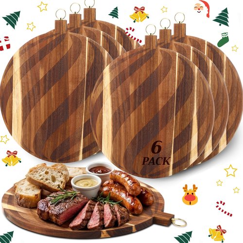 Fiwochic Set of 6 Christmas Round Cutting Boards Bulk Acacia Wood Charcuterie Cheese Serving Trays Holiday Party Platters with Engraved Swirl Stripe Pattern for Xmas Houseraming Kitchen Gifts(12 Inch)