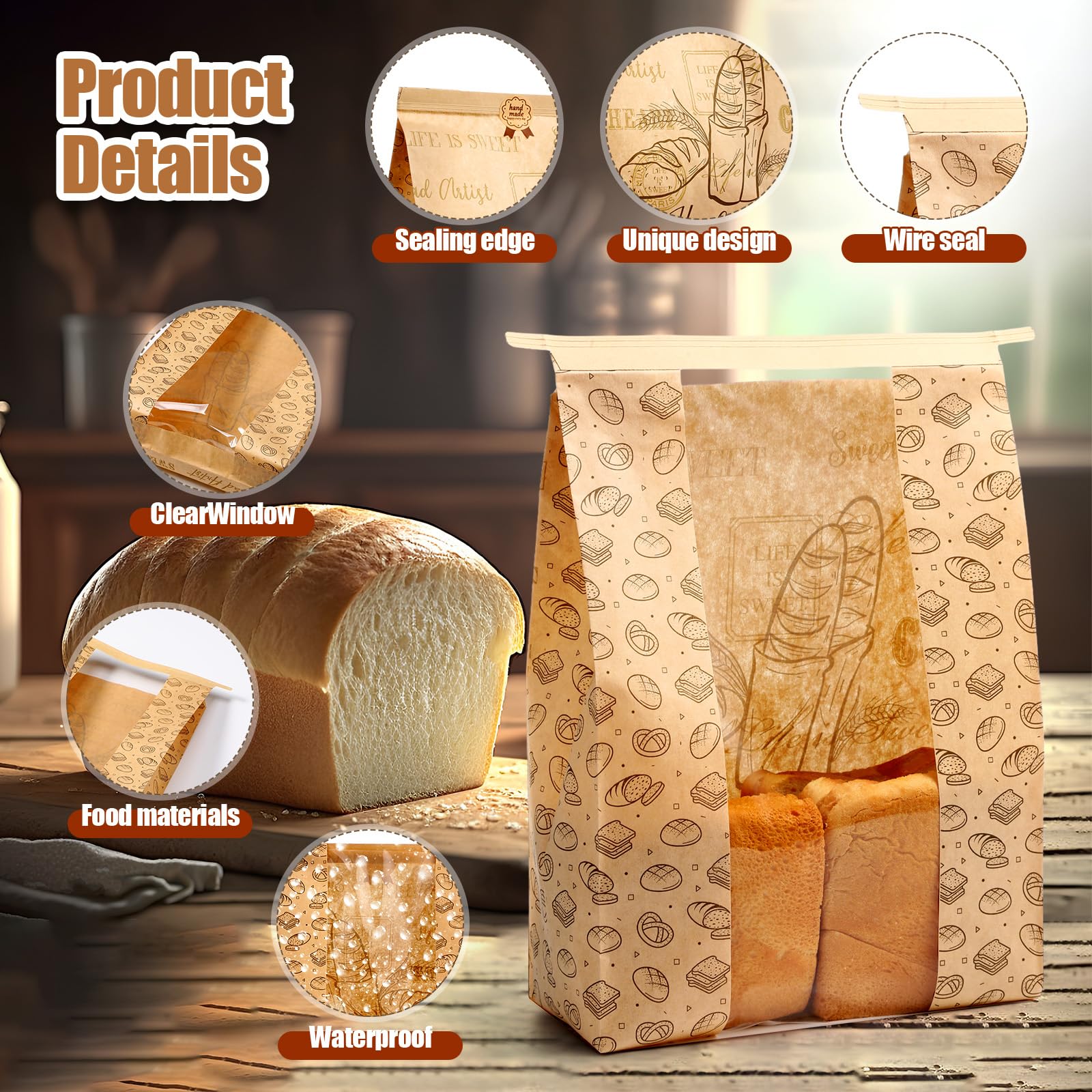 Feifeiya 150 Pack Kraft Paper Bread Bags for Homemade Sourdough Bread Bag with Clear Window 13.7 x 8.2 x 3.5 Large Bakery Packaging for Treat Storage Gift Giving with Seal Sticker