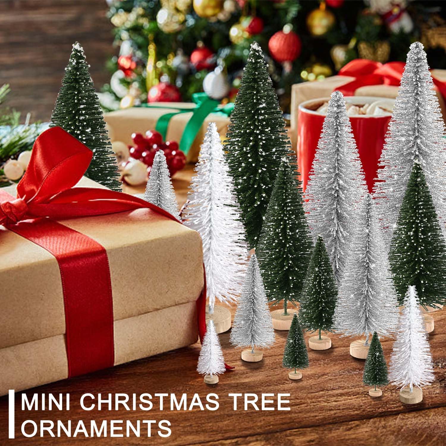 Skiennix Mini Christmas Trees - 30Pcs Artificial Bottle Brush Trees with Wooden Base for Festive Decor | Green, Silver, White