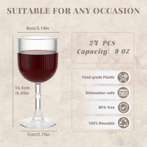 LEYIQU Plastic Wine Glasses 9oz Set, Ribbed Vintage Goblets Unbreakable Reusable BPA-Free Stemmed Drinking Glasses for Parties, Weddings & Events (Clear, 24pcs)