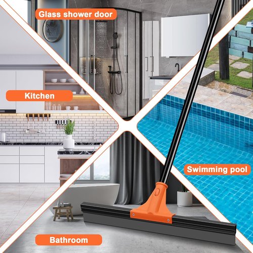 JEHONN Heavy-Duty Floor Squeegee - 58.3-Inch Long Handle Rubber Scraper for Indoor & Outdoor Cleaning