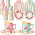 Tioncy 100 Pcs Tea Party Decorations Include 50 Pieces 9 oz Paper Tea Cups with Handle and 50 Plates Disposable Teacups and Saucers Sets for Birthday(Pink and Blue Floral)
