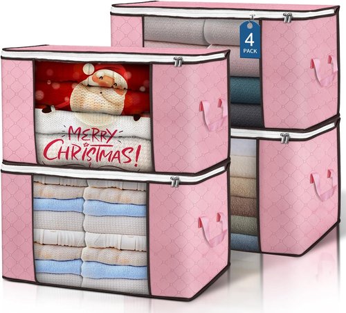 Budding Joy 90L Large Storage Bags - 4 Pack Foldable Closet Organizers for Clothes, Blankets & Toys | Pink