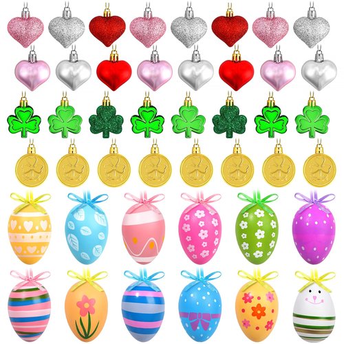 Valentines Day Decor Tree Ornaments Set, 108 PCS Hanging Ornaments for Valentine's Day St Patricks Easter, Romantic Decor Glitter Heart Shamrock Easter Egg for Home Wedding Dinner Gifts Party Table