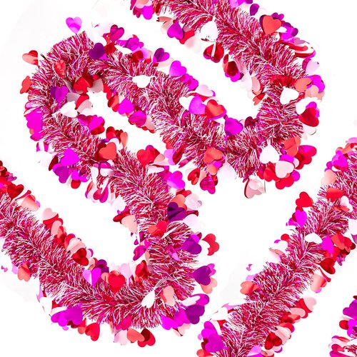 Gloreyan 20FT/6M Valentines Day Tinsel Garland, Red Pink White Heart Metallic Tinsel Twist Garland Hanging Decoration for Valentine’s Day Wedding Birthday Party Supplies