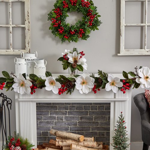 Nearly Natural Magnolia, Pine, and Berry Holiday Arrangement in Glass Vase