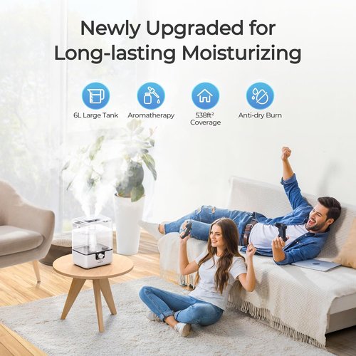 CHIVALZ 6L Cool Mist Humidifier - Ultra Quiet 26dB | 50-Hour Runtime for Bedroom & Nursery, White