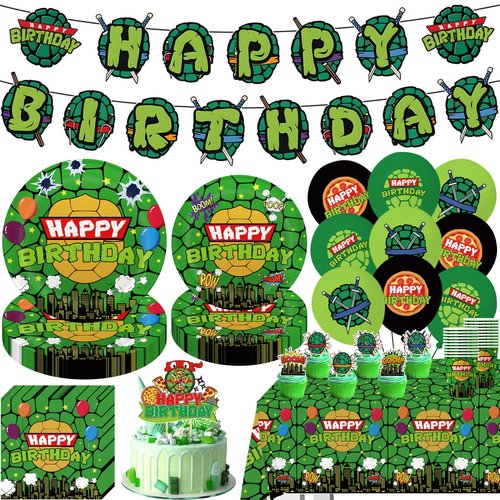 104pcs Birthday Decorations Tableware Set for 20 Guests Include Banner ,Paper Plates of 2 Size,Napkins and Paper Cups,Cake Topper,Balloons and Plastic Tablecloth