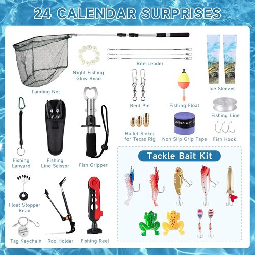 Fishing Advent Calendar - 24 Days of Christmas Surprises with Fishing Tool Kit & Tackle Lures for Men & Teens
