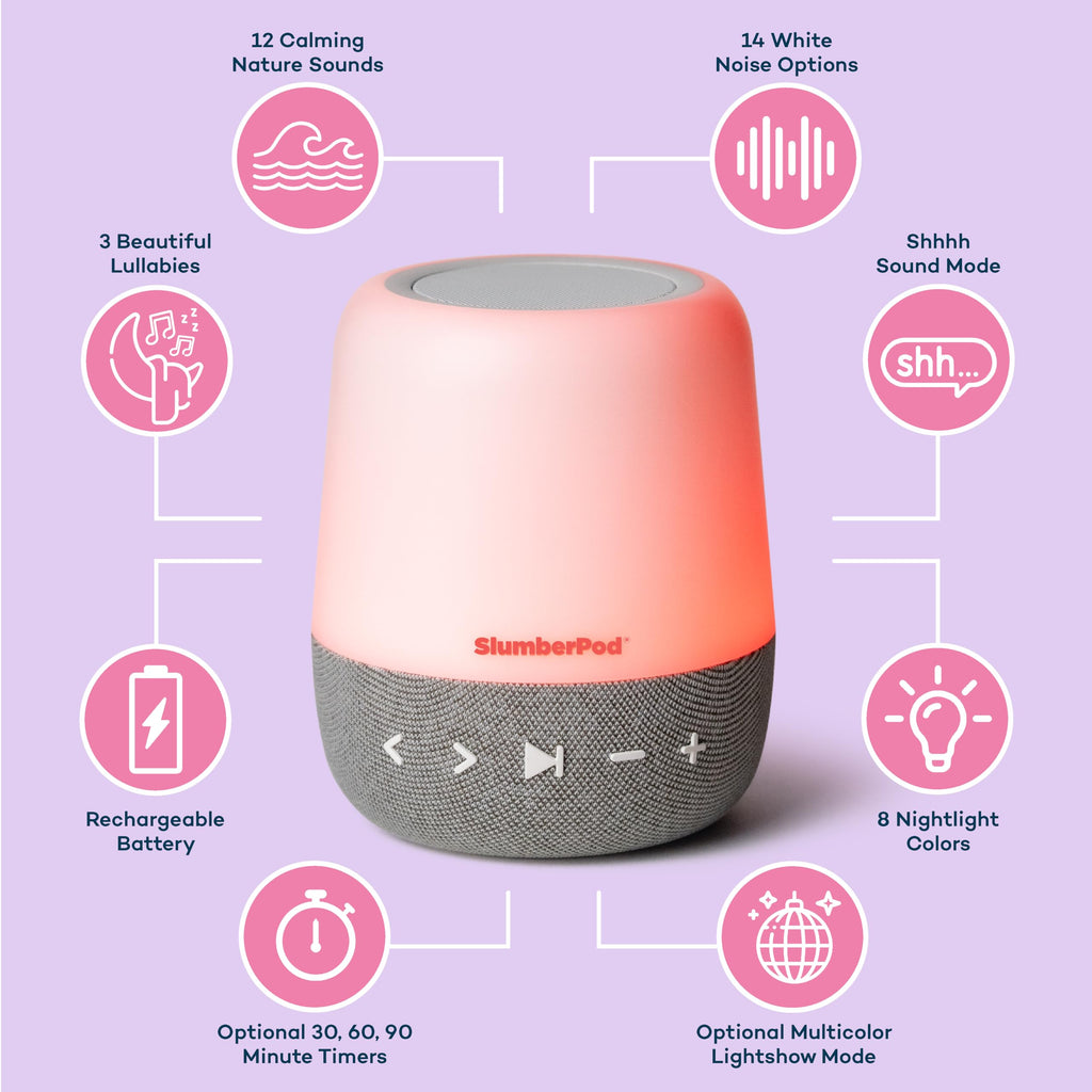 SlumberPod SlumberCalm 2-in-1 Sound Machine with Light for Kids | Baby Sleep Soother | White Noise Machine Baby | Nature Sounds | 8 Night Light Colors | Sound Machine | Rechargeable