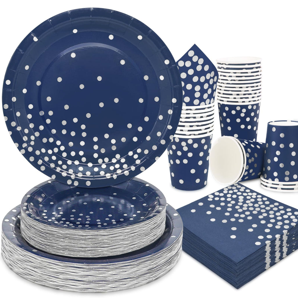 Gudvilla 200pcs Blue and Silver Party Deorations Birthday Plates Disposable-Serve 50 Guests,Navy Blue Plates and Napkins Party Supplies for Wedding Anniversary Retirement Graduation Decorations