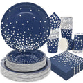 Gudvilla 200pcs Blue and Silver Party Deorations Birthday Plates Disposable-Serve 50 Guests,Navy Blue Plates and Napkins Party Supplies for Wedding Anniversary Retirement Graduation Decorations