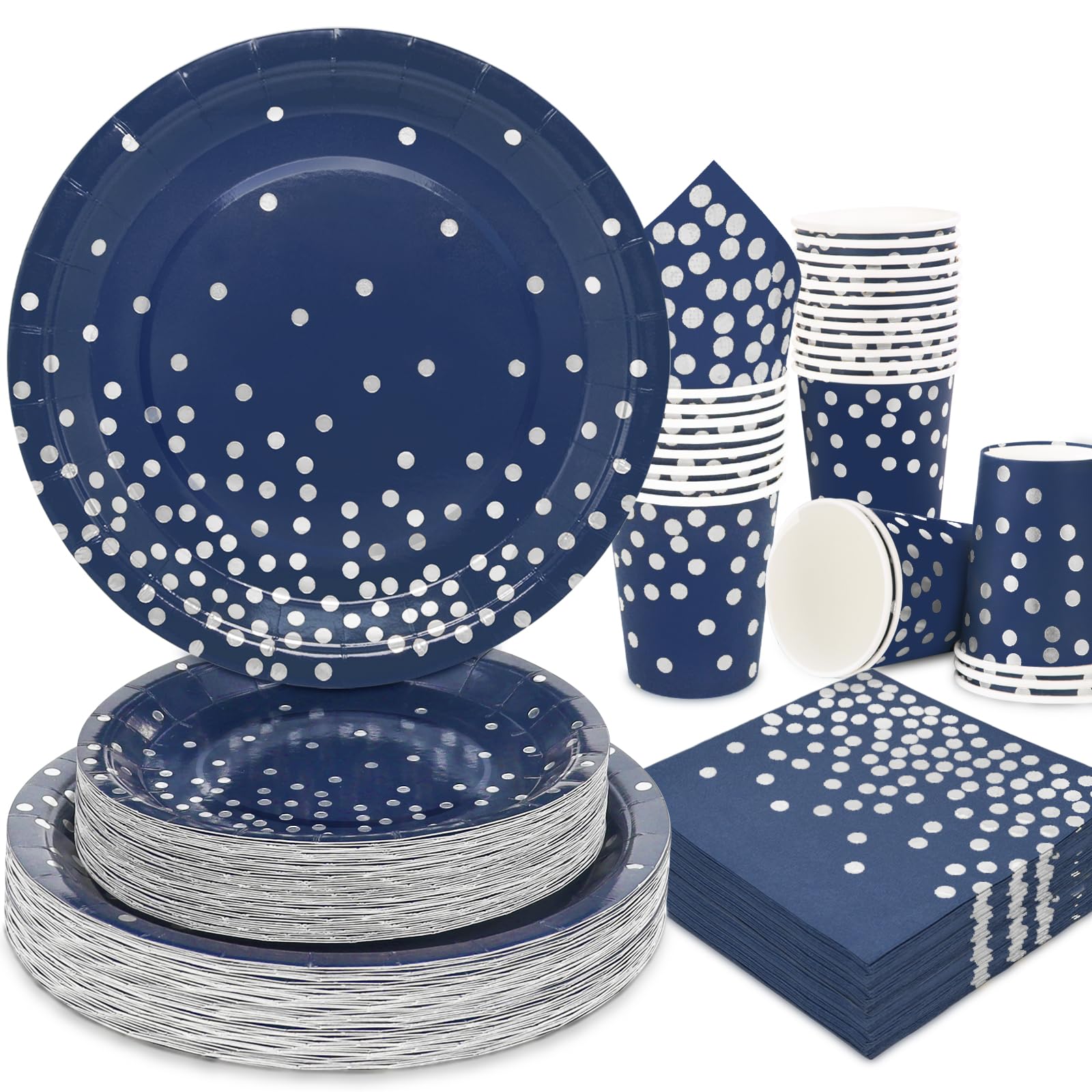 Gudvilla 200pcs Blue and Silver Party Deorations Birthday Plates Disposable-Serve 50 Guests,Navy Blue Plates and Napkins Party Supplies for Wedding Anniversary Retirement Graduation Decorations